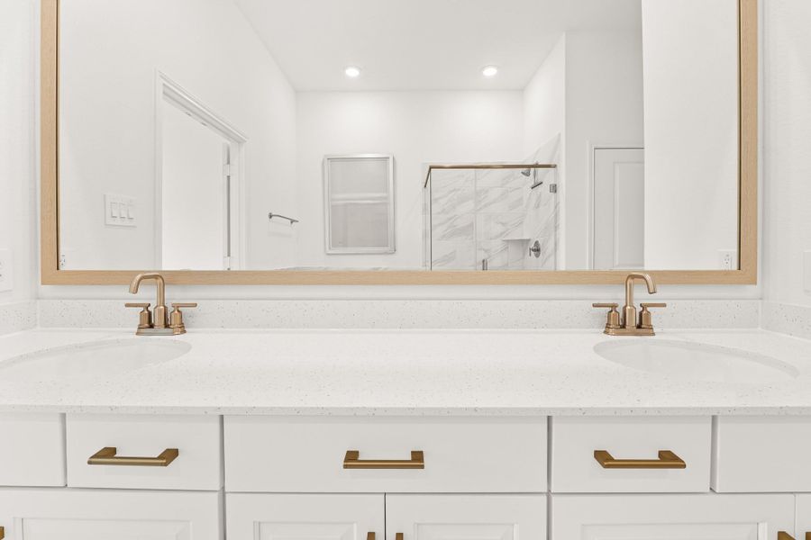 Double sinks with framed mirror and upgraded hardward Double sinks with framed mirror and upgraded hardward