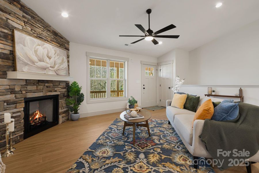 Living room and rock stack gas log fireplace Living room and rock stack gas log fireplace