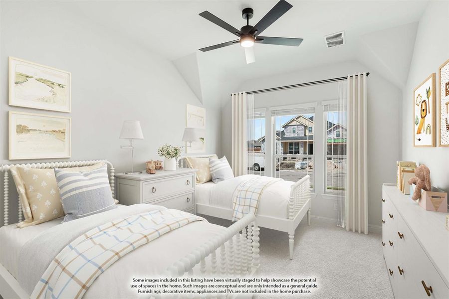 Shared bedroom with two twin beds, vaulted ceiling, ceiling fan, and large window with neutral decor
