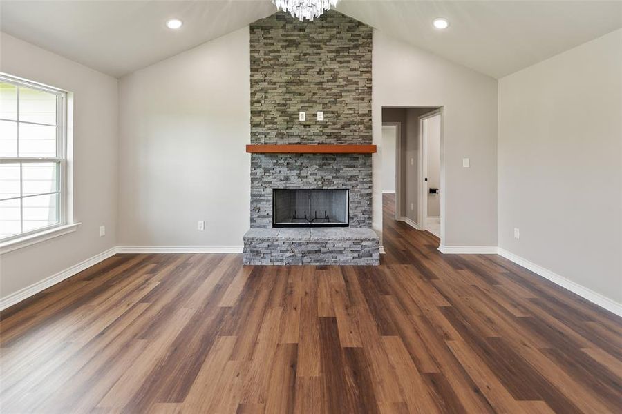 Large stone fireplace