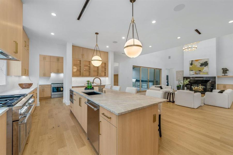 Kitchen featuring a breakfast bar area, stainless steel appliances, a fireplace, light wood-style floors, and open floor plan
