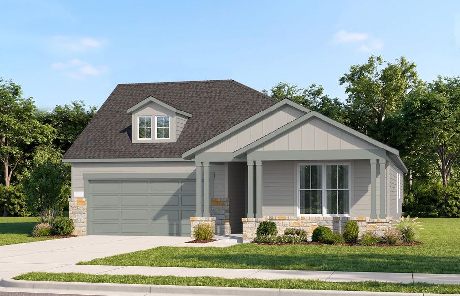 Representative exterior photo of a completed home built from the Parker by Pulte Homes in Saddleback at Santa Rita Ranch, Liberty Hill, TX (Image 14).