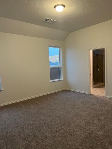 Empty room with lofted ceiling, carpet, and a textured ceiling Empty room with lofted ceiling, carpet, and a textured ceiling