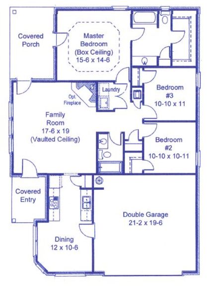 2D floor plan layout for the Plan 1406 by Adams Homes in The Bluffs at Lafayette, Freeport, FL (Image 3).