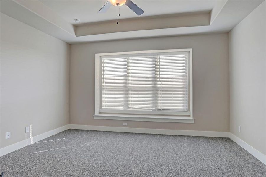 Carpeted empty room with ceiling fan and a tray ceiling