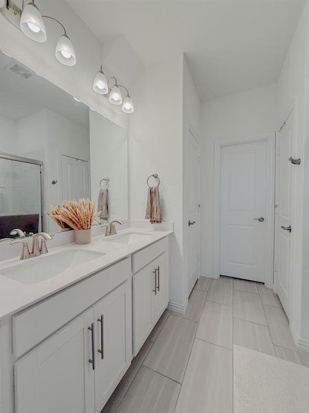 Full bath featuring double vanity, a sink, visible vents, and a shower stall