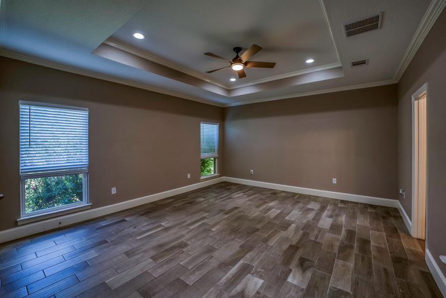 Primary bedroom with a tray ceiling, ceiling fan, additional lights, crown molding, and wood tile flooring