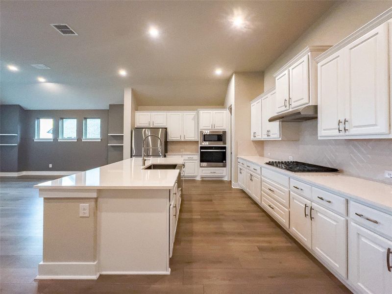 Kitchen featuring appliances with stainless steel finishes, dark wood finished floors, white cabinetry, decorative backsplash, and recessed lighting Kitchen featuring appliances with stainless steel finishes, dark wood finished floors, white cabinetry, decorative backsplash, and recessed lighting