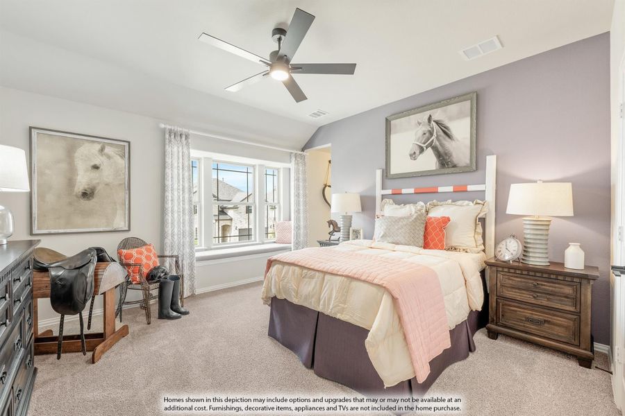 Bedroom with vaulted ceiling, ceiling fan, carpet flooring, and purple accent wall with horse artwork Bedroom with vaulted ceiling, ceiling fan, carpet flooring, and purple accent wall with horse artwork