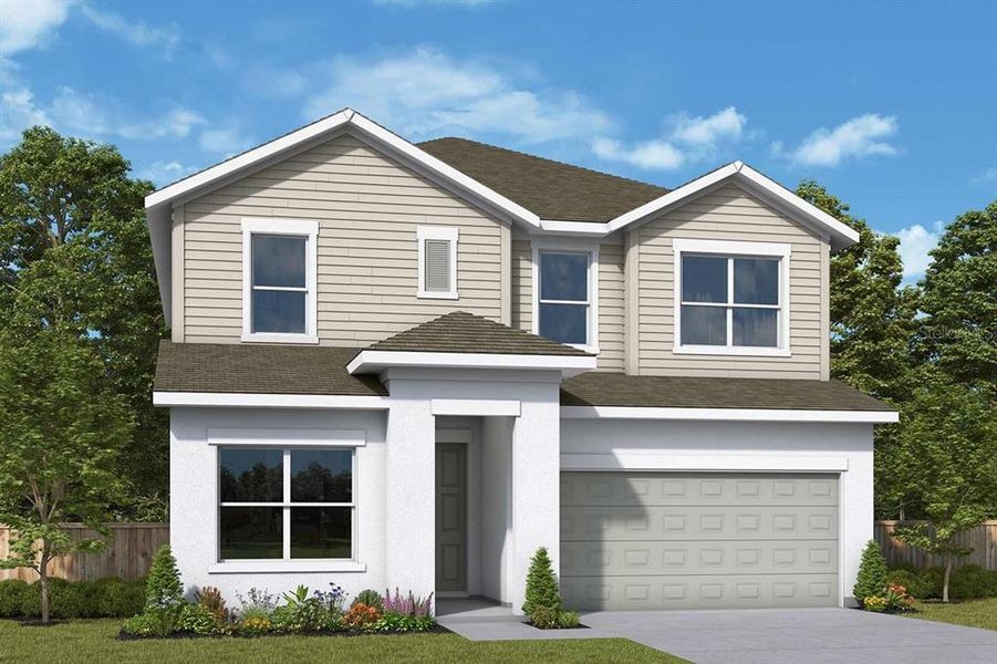 Front exterior of a new home in Waterset Tradition Series, Apollo Beach, FL, highlighting curb appeal (Image 1).
