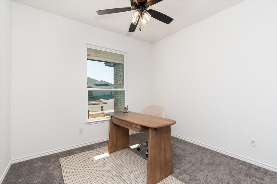 Unfurnished office featuring carpet and a ceiling fan