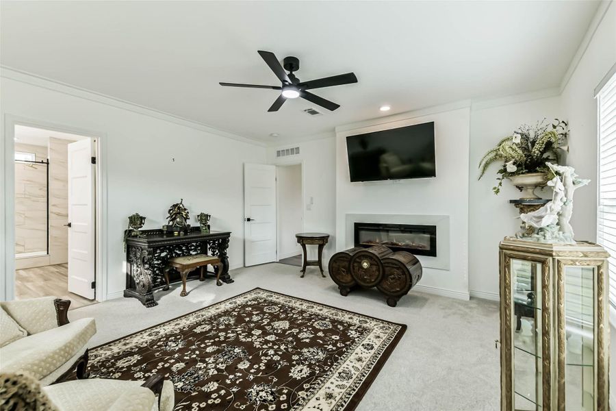 Master bedroom includes electric ambient lit fireplace