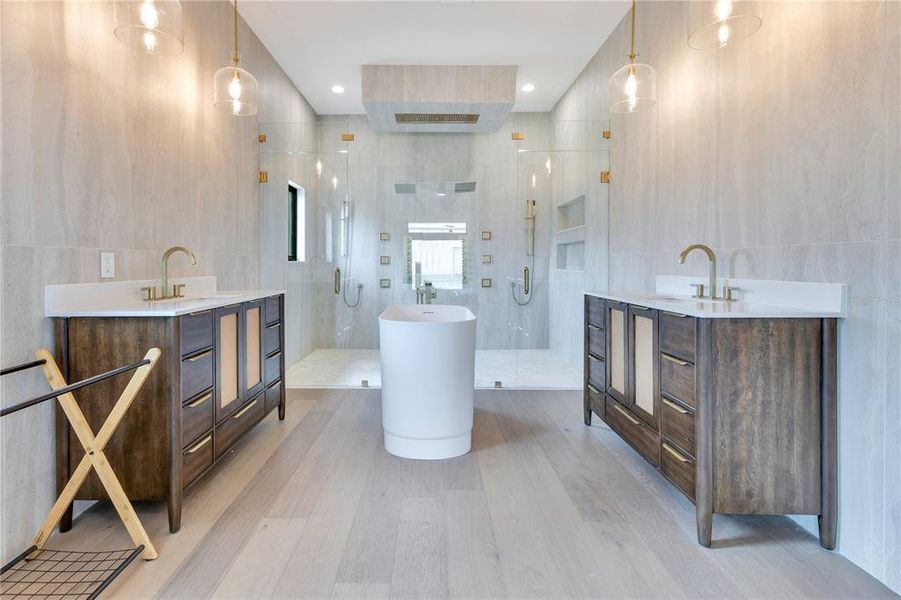 Primary bathroom with oversized shower, soaking tub, and lots of natural light