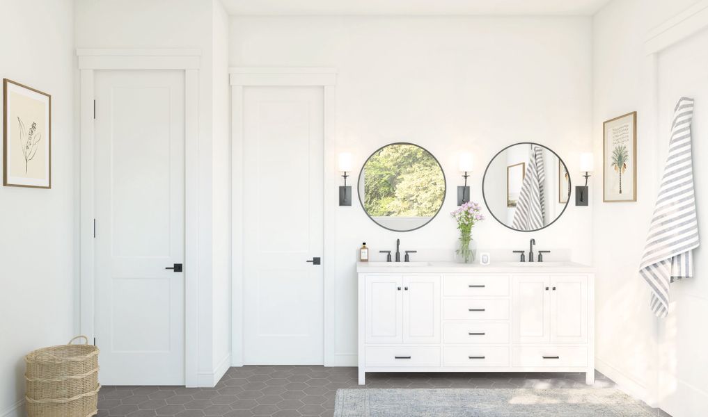 Primary bath with freestanding vanity