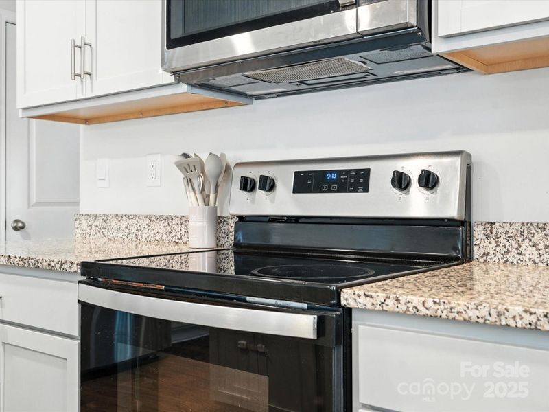 Quality stainless steel range with overhead microwave and granite backsplash detail. Under-cabinet lighting and granite countertops provide both beauty and practical workspace for cooking enthusiasts.