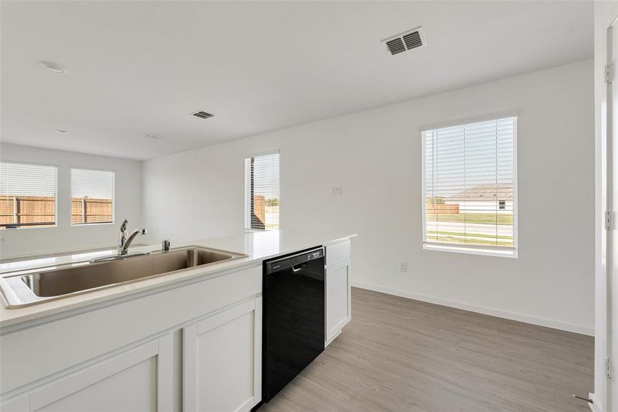 Kitchen with dishwasher, light hardwood / wood-style floors, white cabinetry, and sink