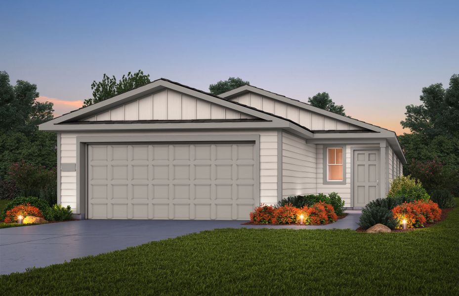 Front exterior of a new home in Larson Crossing, Elgin, TX, highlighting curb appeal (Image 1). Front exterior of a new home in Larson Crossing, Elgin, TX, highlighting curb appeal (Image 1).