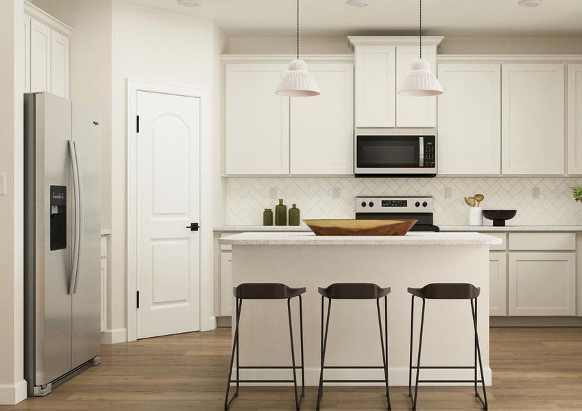 Rendering of kitchen with  white cabinets and stainless steal appliances. The room has three barstools  next to the counter.