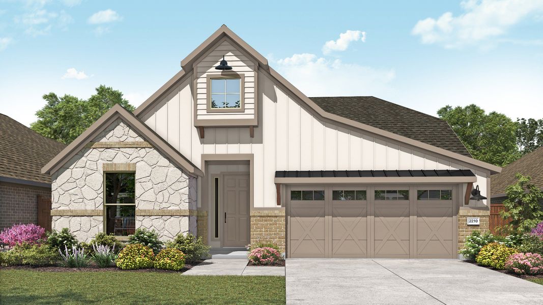 Representative exterior photo of a completed home built from the Oleander by DRB Homes in Whisper South, San Marcos, TX (Image 6). Representative exterior photo of a completed home built from the Oleander by DRB Homes in Whisper South, San Marcos, TX (Image 6).