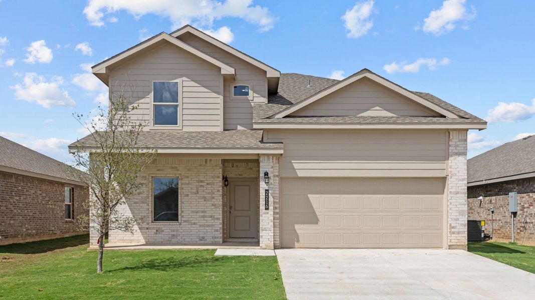 Front exterior of a new home in Allen Farms, Lubbock, TX, highlighting curb appeal (Image 1).