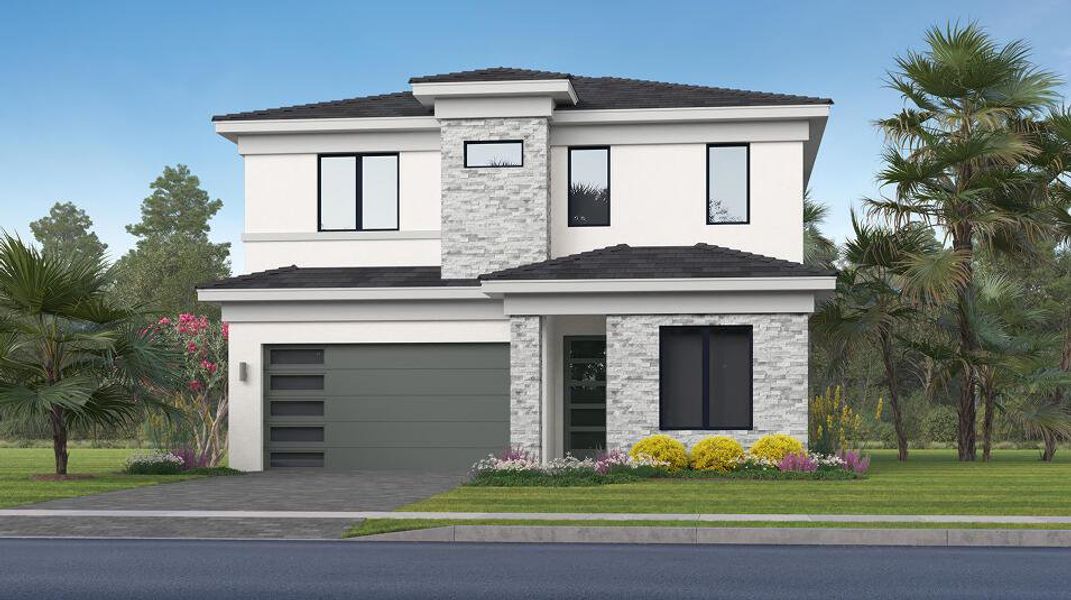 Front exterior of a new home in Lotis Wellington: The Promenade Collection, Wellington, FL, highlighting curb appeal (Image 1).