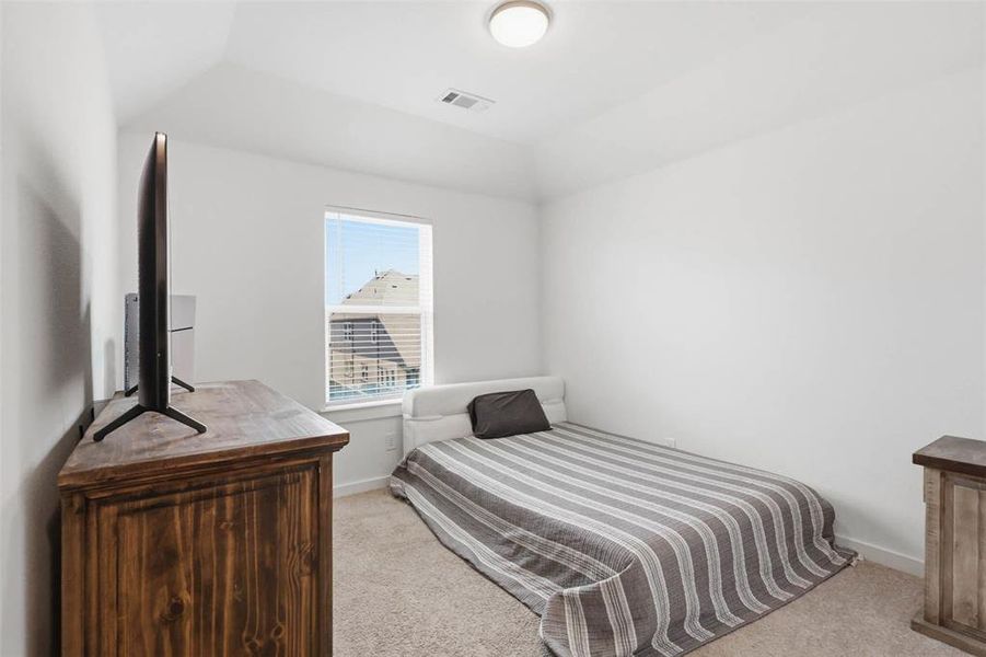 Carpeted room with a vaulted ceiling and a single window