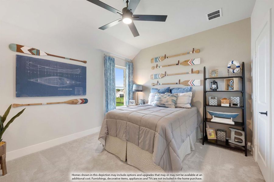 Bedroom with vaulted ceiling, ceiling fan, carpet flooring, and nautical decor including decorative oars on the wall.
