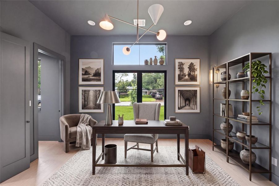 Create your perfect work-from-home setup in this sophisticated study filled with natural light and modern elegance. Virtually staged.