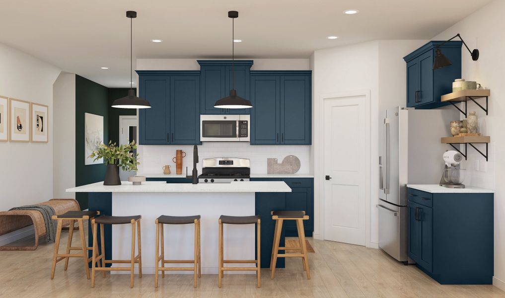 Kitchen with pendant lighting and floating shelves