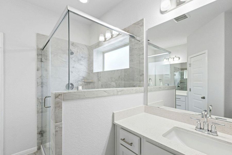 Extra large shower and dual sinks. Extra large shower and dual sinks.