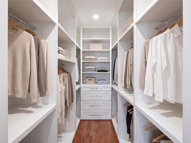 Thoughtfully designed for everyday living, the custom walk-in closet features built-in shelving, generous hanging space, and integrated drawers to keep everything beautifully organized.