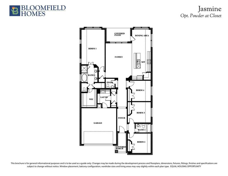 Bloomfield Homes Jasmine floor plan with four bedrooms, two bathrooms, family room, kitchen, and two-car garage.