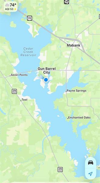Geographic Map. Displaying the location of Gun Barrel City and Cedar Creek Reservoir