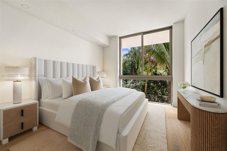 Floor-to-ceiling windows, wood-finish flooring, and recessed ceiling lighting Floor-to-ceiling windows, wood-finish flooring, and recessed ceiling lighting