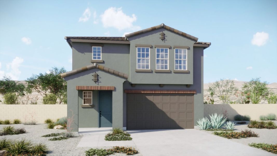 Front exterior of a new home in Blackhawk, Tucson, AZ, highlighting curb appeal (Image 1). Front exterior of a new home in Blackhawk, Tucson, AZ, highlighting curb appeal (Image 1).
