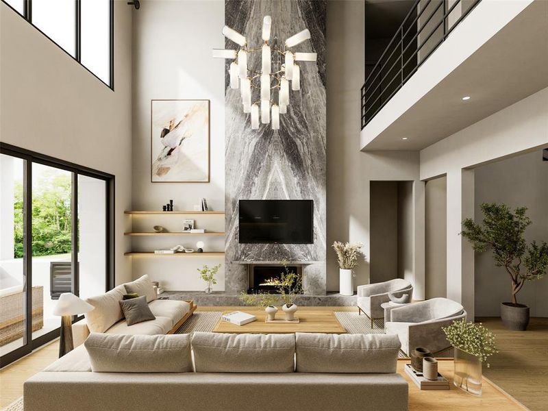 Living area with a high ceiling, a premium fireplace, and wood finished floors Living area with a high ceiling, a premium fireplace, and wood finished floors