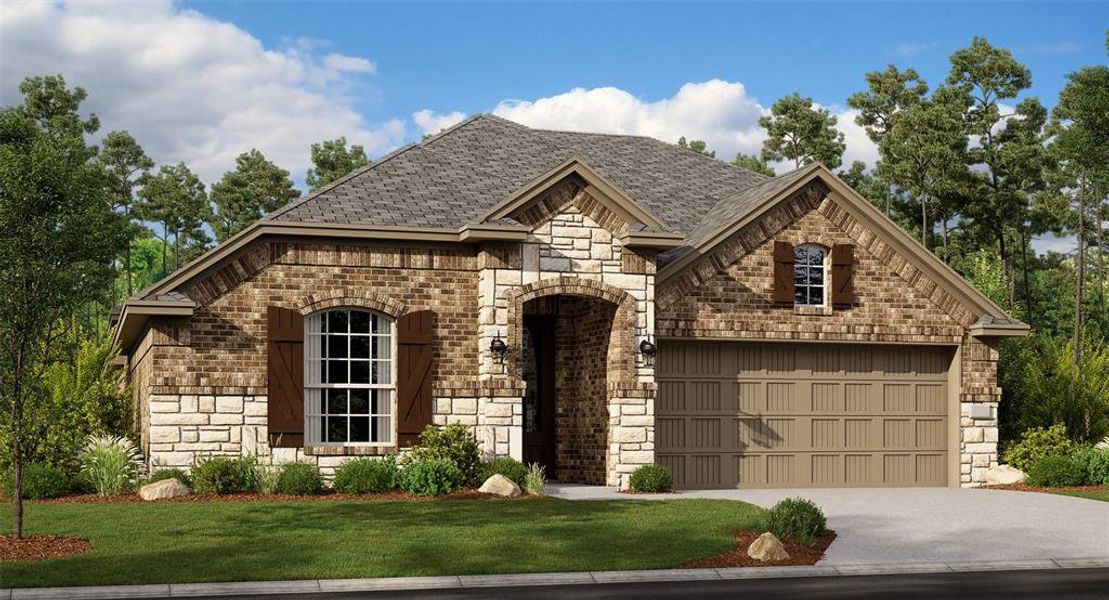 View of front of property with a garage and a front yard