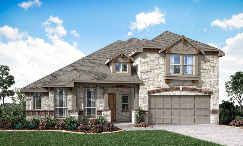 Two-story home with stone exterior, two-car garage, and craftsman-style roof details, labeled Elevation AS