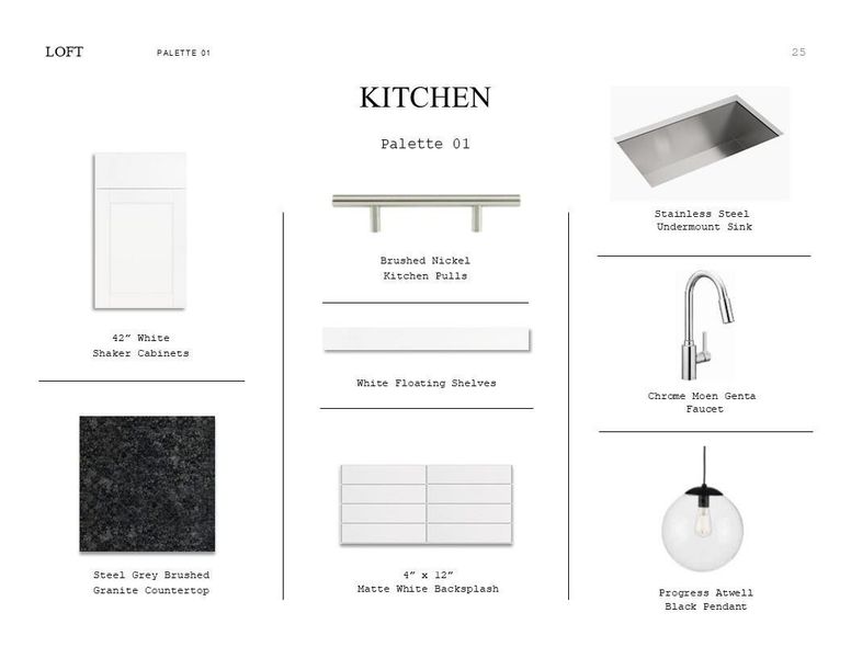 Loft Look Palette 1: Kitchen Selection Sheet (*Artist rendering used for illustration purposes only.)