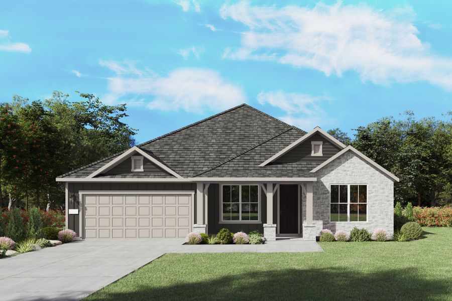 The Azle, a one-story new home design shown with home exterior HC 202 The Azle, a one-story new home design shown with home exterior HC 202