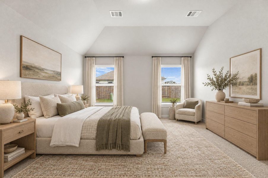 This primary suite impresses with soaring vaulted ceilings that add volume and light to the space, while two oversized windows flood the room with natural sunlight throughout the day. Soft neutral walls and plush carpet create a warm, move-in ready canvas, offering a peaceful retreat at the end of the day. It's a room designed for comfort and calm, with generous square footage that leaves plenty of room to make it your own. This photo has been virtually staged. This primary suite impresses with soaring vaulted ceilings that add volume and light to the space, while two oversized windows flood the room with natural sunlight throughout the day. Soft neutral walls and plush carpet create a warm, move-in ready canvas, offering a peaceful retreat at the end of the day. It's a room designed for comfort and calm, with generous square footage that leaves plenty of room to make it your own. This photo has been virtually staged.