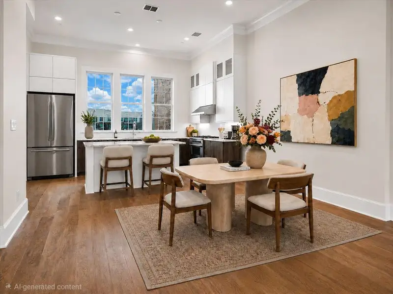 Open-concept kitchen and dining area featuring wood-finish flooring, recessed lighting, and crown molding Open-concept kitchen and dining area featuring wood-finish flooring, recessed lighting, and crown molding