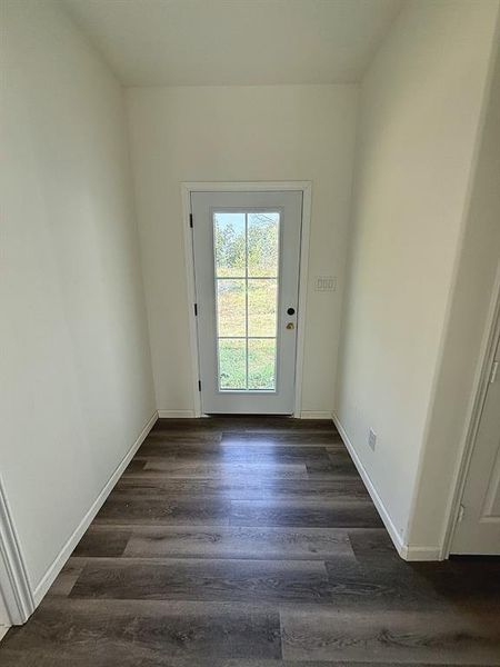 Entryway featuring wood finished floors and baseboards