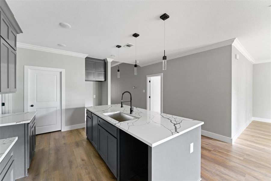Kitchen with pendant lighting, gray cabinetry, ornamental molding, wood finished floors, and a center island with sink