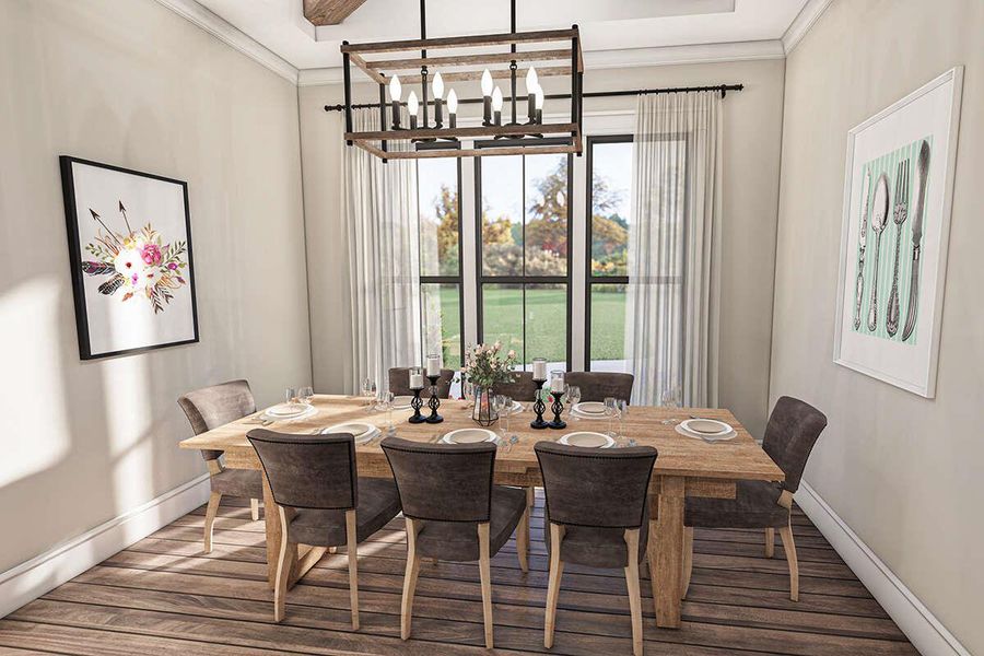 Dining room with crown molding, baseboards, and a chandelier