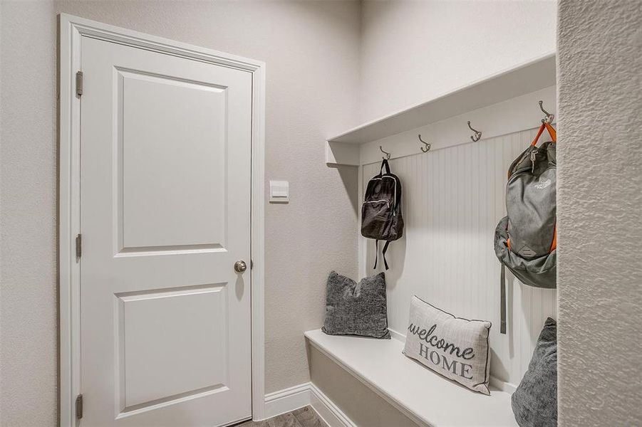 View of mudroom space off garage entrance