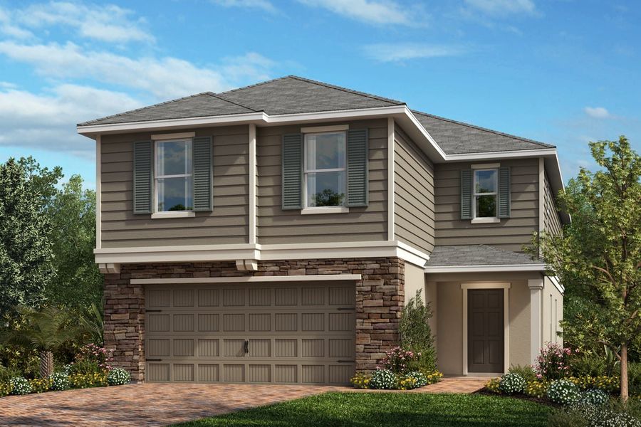 Front exterior of a new home in Gardens at Waterstone I, Palm Bay, FL, highlighting curb appeal (Image 1). Front exterior of a new home in Gardens at Waterstone I, Palm Bay, FL, highlighting curb appeal (Image 1).