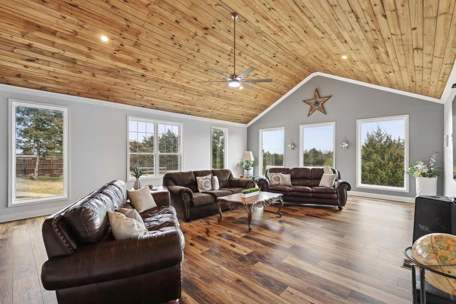 Living room with ceiling fan, lofted ceiling, wood-type flooring, and wooden ceiling