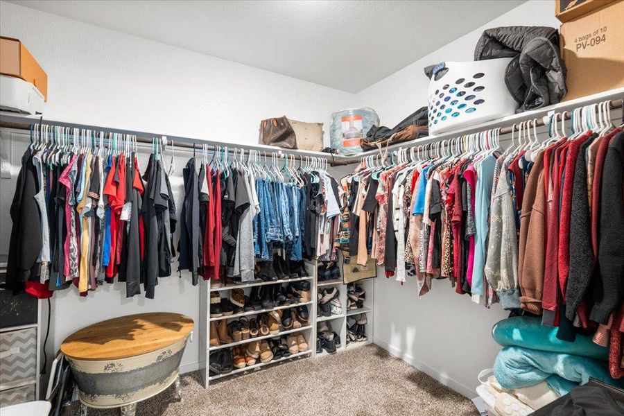 Walk in closet featuring light carpet