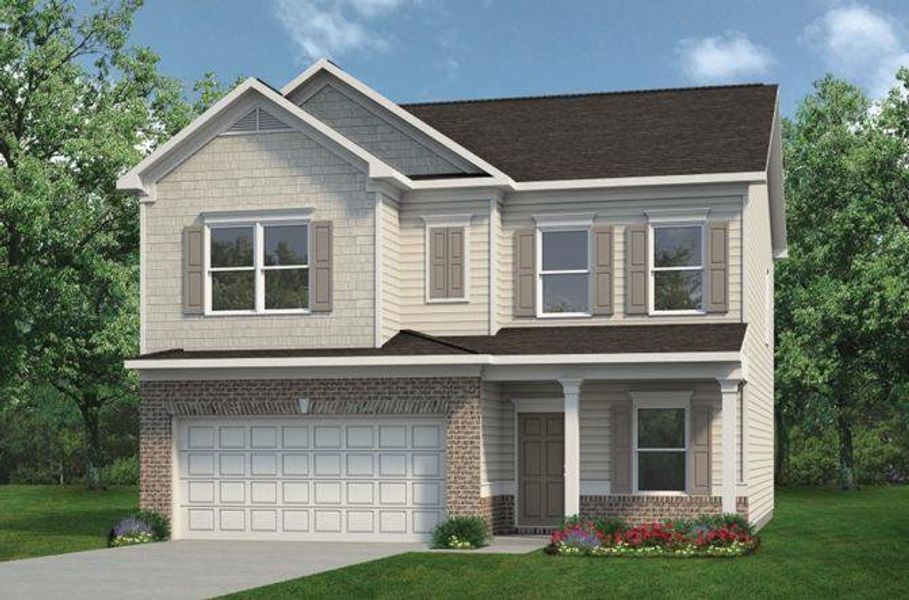 Front exterior of a new home in Evergreen at Lakeside, Temple, GA, highlighting curb appeal (Image 1). Front exterior of a new home in Evergreen at Lakeside, Temple, GA, highlighting curb appeal (Image 1).